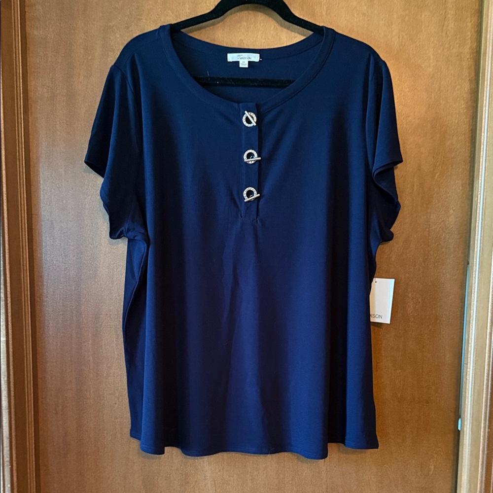 89th & Madison Navy Blouse with Ring Buttons